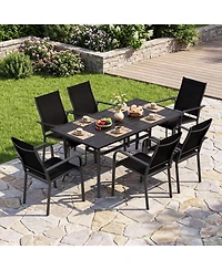 Gymax 7PCS Patio Dining Set for 6 Metal Table w/Umbrella Hole and Stackable Armchairs