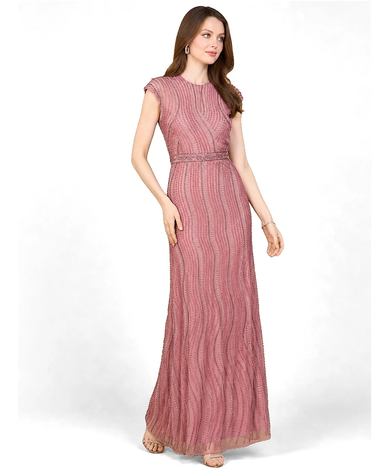 Lara Women's Cap Sleeve, Illusion Neck Beaded Gown