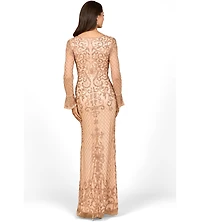 Lara Women's Beaded Long Sleeve V-Neck Gown