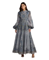 Mac Duggal Petite Baroque Print Bishop Sleeve A-Line Ankle Dress