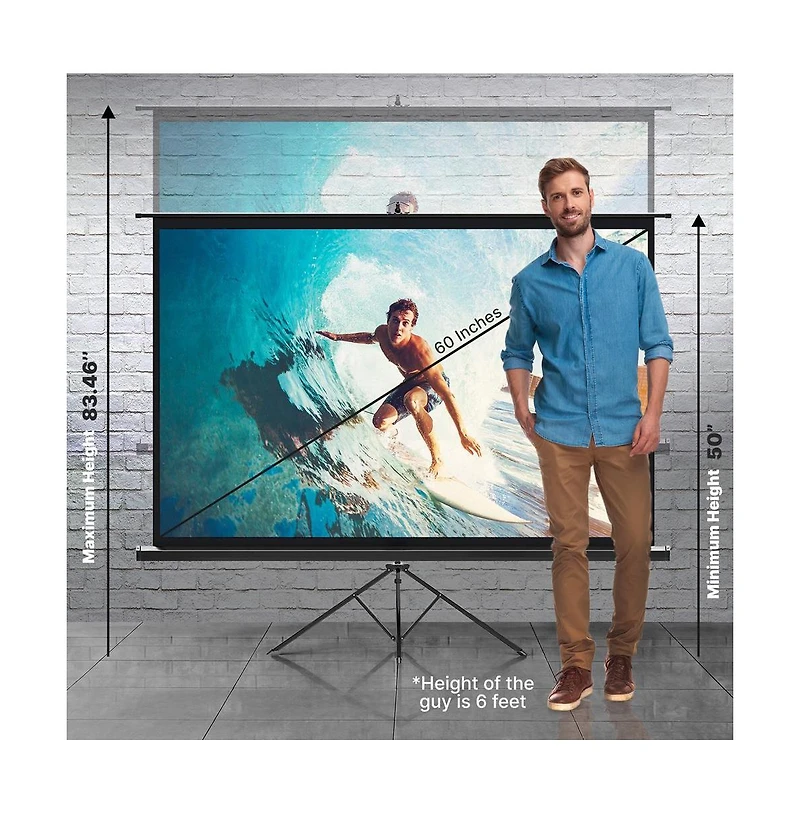 Pyle Universal 60-Inch Tripod Screen - Floor Standing Portable Fold-Out Roll-Up Tripod Manual Projector Screen