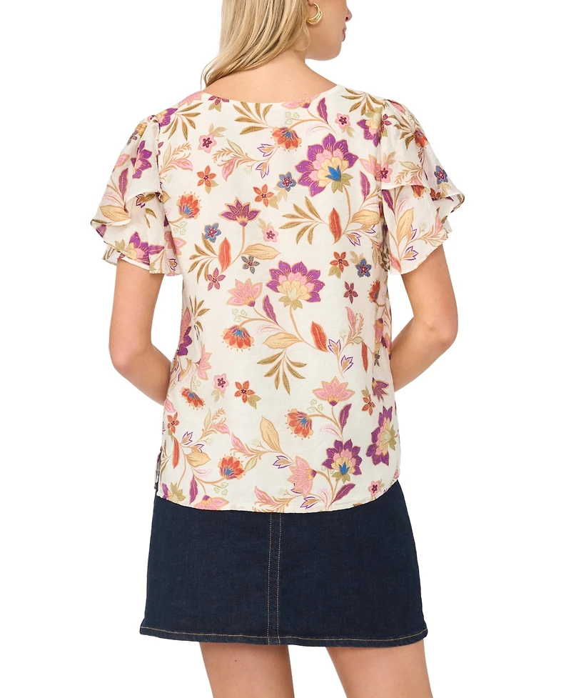 Vince Camuto Women's Printed V-Neck Ruffle Seam Top