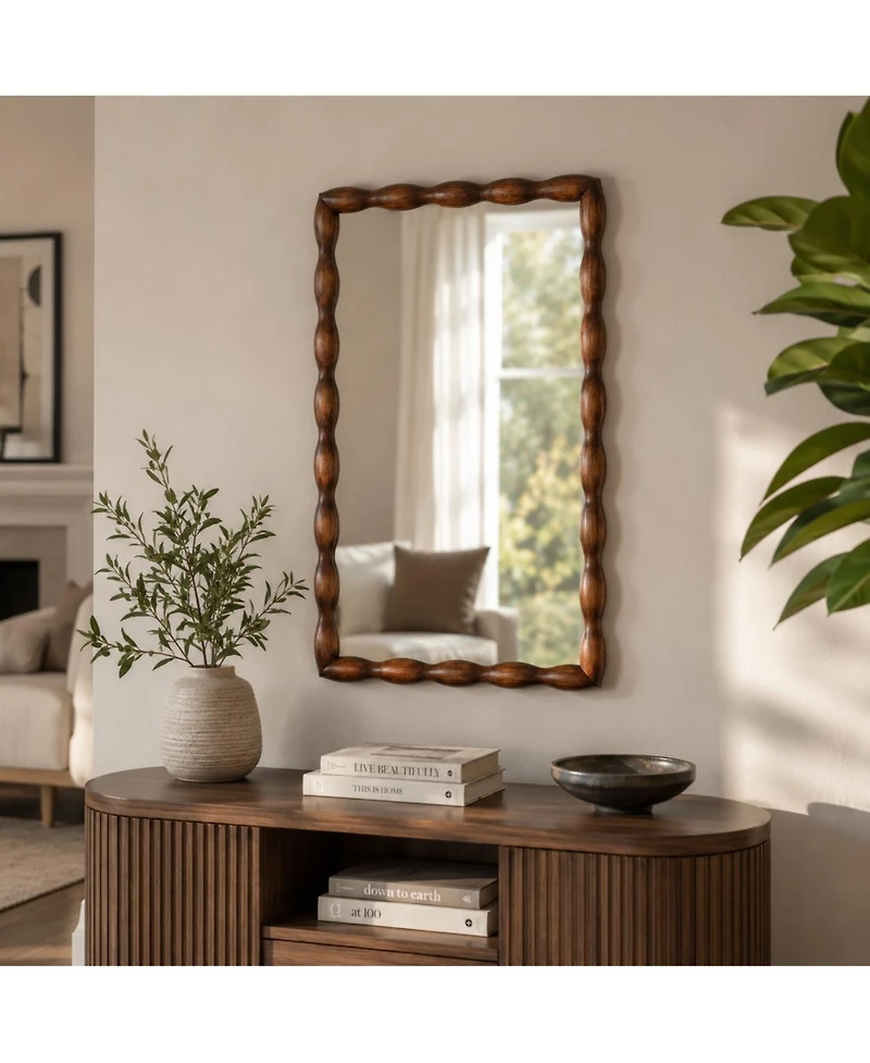 Phying Mid Century Modern Mirror Swirl Wood Frame Brown Decorative Wall Mounted Mirror for Home Bedroom Living Room