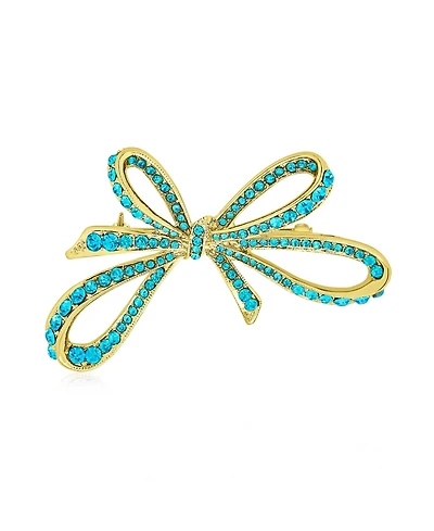 Bling Jewelry Aqua Blue Crystal Statement Ribbon Bow Brooch Pin Gold Silver