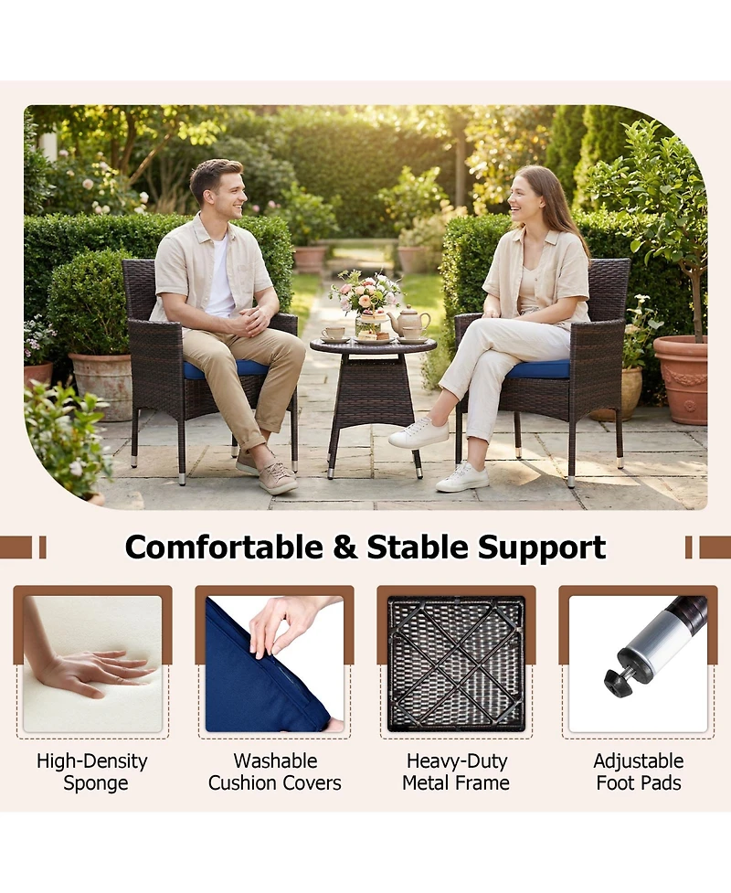 Gymax Set of 3 Patio Furniture Hand-Woven Pe Wicker Conversation w/Armchairs