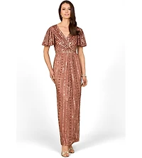 Lara Women's Fully Beaded Gown with Flutter Sleeves