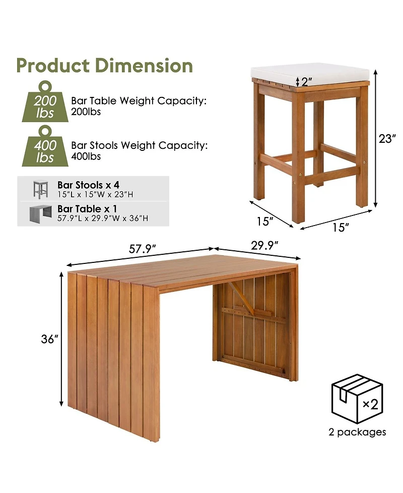 Asagikoiai 5-Piece Acacia Wood Outdoor Bar Set, Patio Bar Table and 4 Stools with Cushions