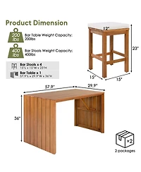 Asagikoiai 5-Piece Acacia Wood Outdoor Bar Set, Patio Bar Table and 4 Stools with Cushions