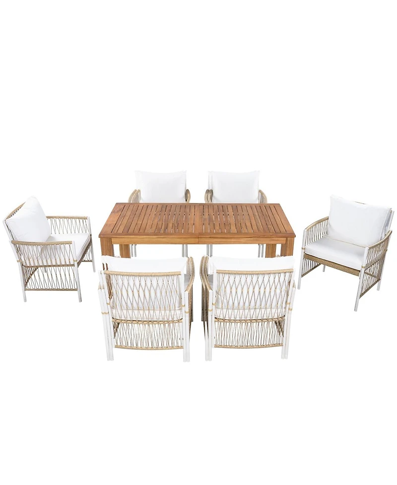 Asagikoiai 7-Piece Outdoor Dining Set with Acacia Table and Cushioned Rattan Armchairs