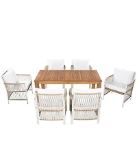 Asagikoiai 7-Piece Outdoor Dining Set with Acacia Table and Cushioned Rattan Armchairs