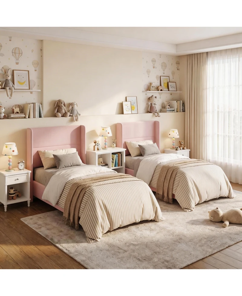 homfan 2 Set of Twin Size Toddler Upholstered Bed Frame with Guardrails, Vertical Channel Tufted Headboard and Footboard, No Box Spring Needed