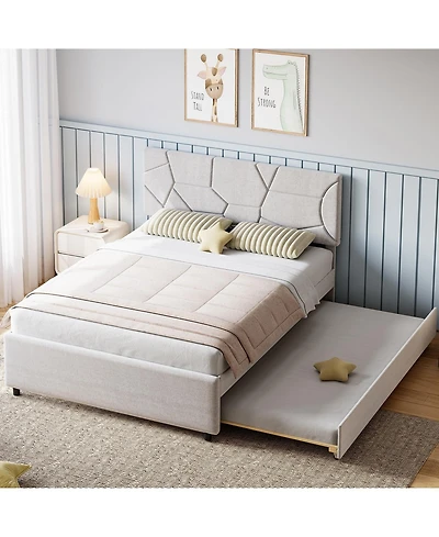 homfan Bed Frame with Trundle, Upholstered Platform Bed Frame, Pull Out Bed with Headboard, Wood Slat Support, for Bedroom