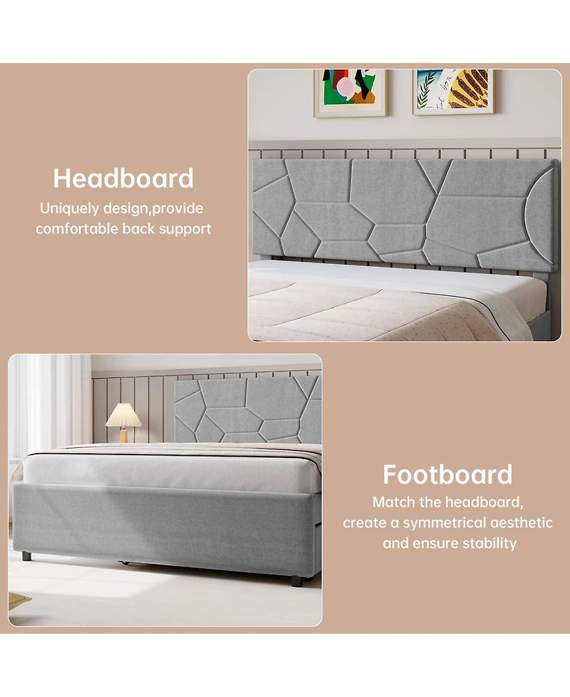 homfan Bed Frame with Trundle, Upholstered Platform Frame, Pull Out Headboard, Wood Slat Support, for Bedroom