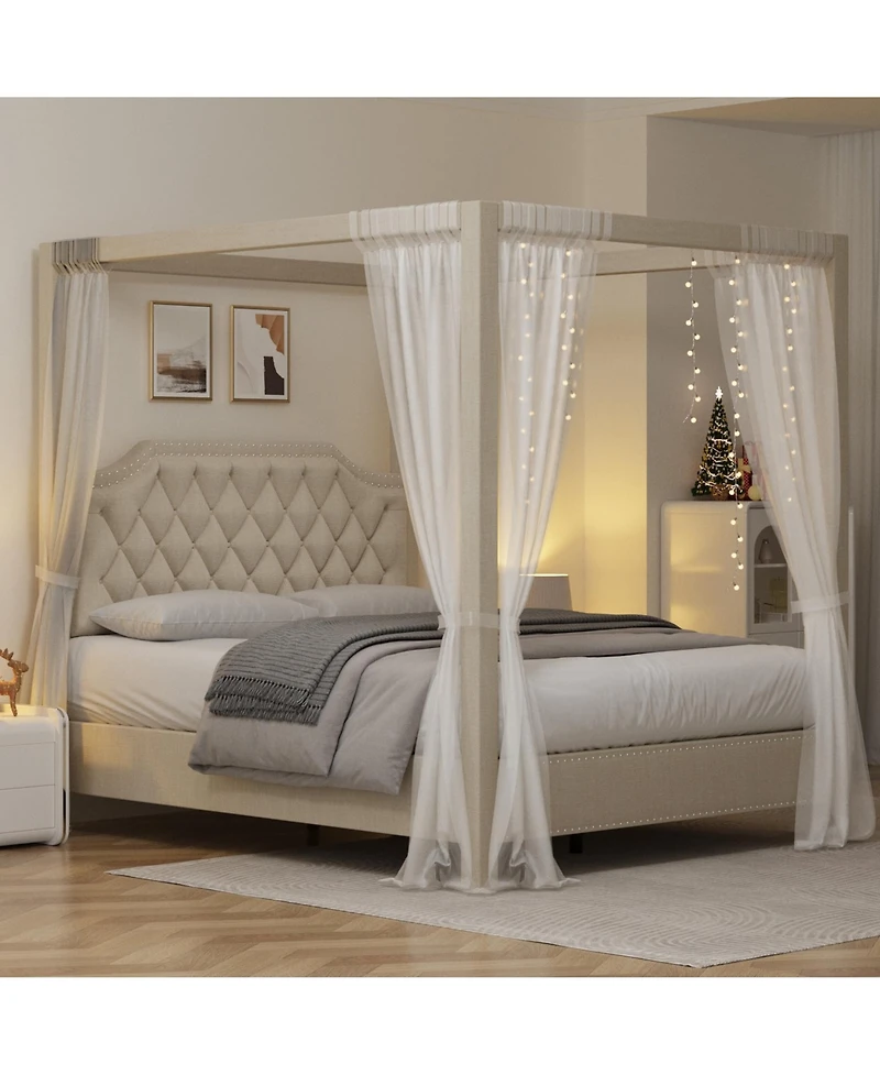 homfan Canopy Bed Frame with Nailhead Decoration Headboard,Upholstered Bed Frame with Poles 4 Corner Bed Bracket, Wood Slats Support