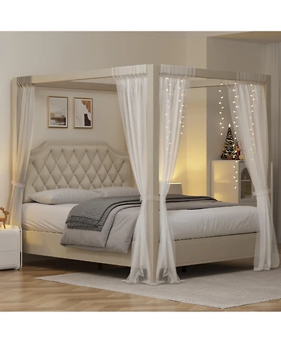homfan Canopy Bed Frame with Nailhead Decoration Headboard,Upholstered Bed Frame with Poles 4 Corner Bed Bracket, Wood Slats Support
