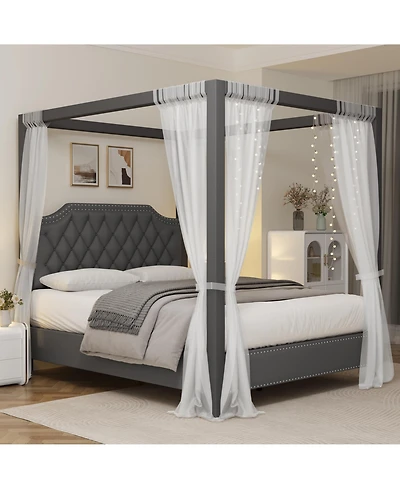 homfan Canopy Bed Frame with Nailhead Decoration Headboard,Upholstered Bed Frame with Poles 4 Corner Bed Bracket, Wood Slats Support