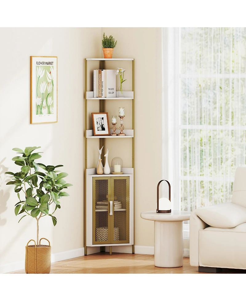 Gymax 6-Tier Corner Shelf 67'' Tall Corner Bookshelf w/Cabinet and Adjustable Shelf