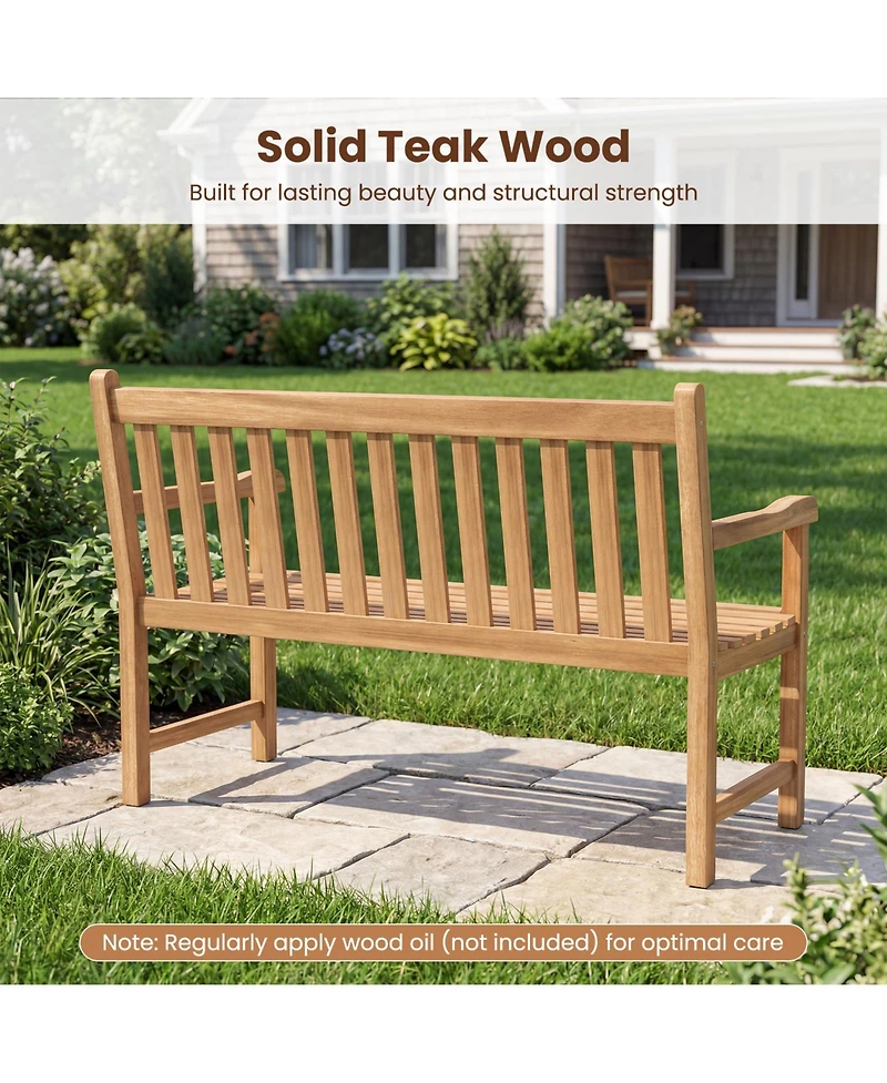 Gymax Teak Porch Bench 2-Person Solid Wood Garden Patio Bench w/ Backrest and Armrests