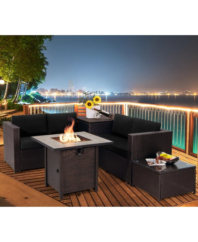 Gymax 5 Pieces Patio Furniture Set with 30 Inches Gas Fire Pit Table Cushions Storage Box