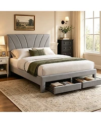 gaomon Velvet Upholstered Platform Bed with 2 Storage Drawers – Adjustable Headboard, No Box Spring Needed