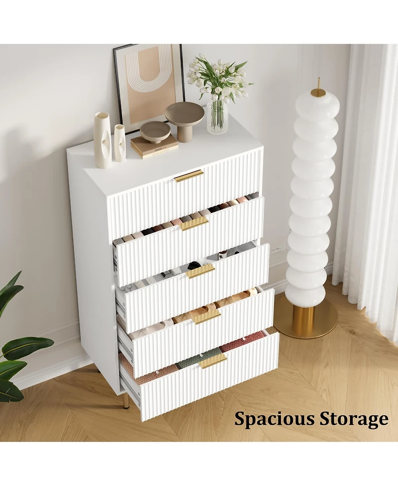 homfan Fluted Wood Dresser - 5 Drawer or 6 Drawer Tall Chest with Metal Handles