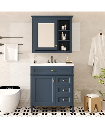Sillysis 30 Inch Modern Bathroom Vanity with Mirror Cabinet, Solid Wood and Mdf, Ceramic Sink