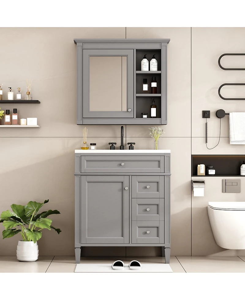 Sillysis 30 Inch Modern Bathroom Vanity with Mirror Cabinet, Solid Wood and Mdf, Ceramic Sink