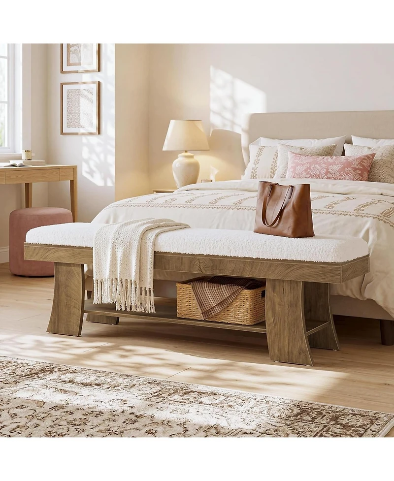Tribesigns Upholstered Entryway Bench with Storage Shelf, Indoor Cushioned Shoe Bench Seat, Farmhouse Skinny End of Bed Benches