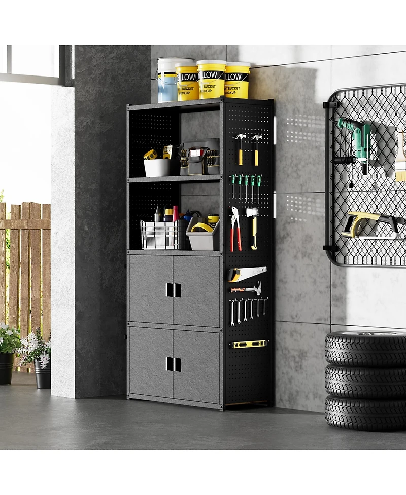 5-Shelf Heavy-Duty Garage Storage Shelving w/ Lower Cabinet and Side Pegboards
