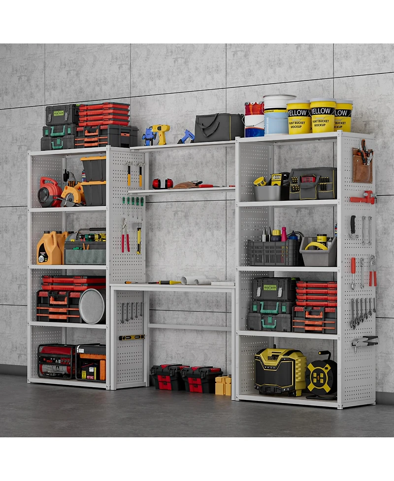 Heavy-Duty Garage Storage and Workstation System with Side Pegboards, White (119.8 in. W x 71.1 in. H x 15.7 in. D