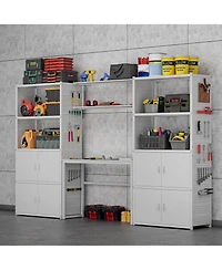 Heavy-Duty Garage Storage and Workstation System w/ Cabinets and Side Pegboards, White (120 in. W x 71 in. H x 16 in. D