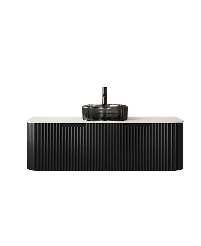 Sillysis Wall Mounted Bathroom Vanity with Glass Vessel Sink, 3D Stripe Plywood Cabinet, Soft Close Drawer, Pre-assembled