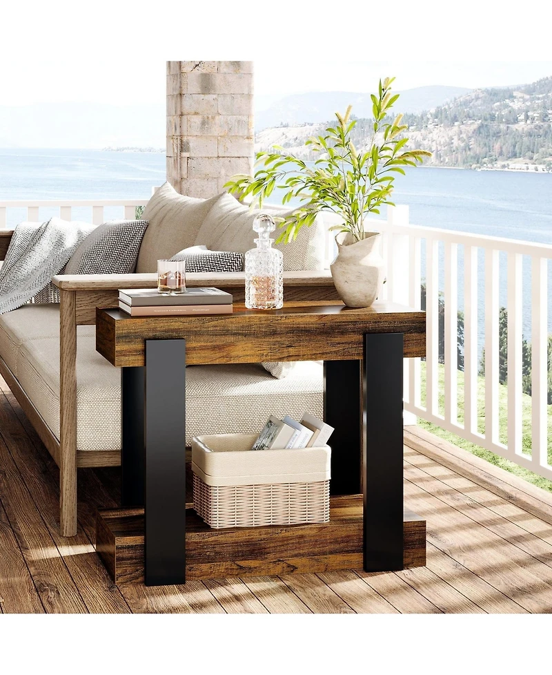 Slickblue Farmhouse Side Table with Open Storage Shelf and Rustic Design