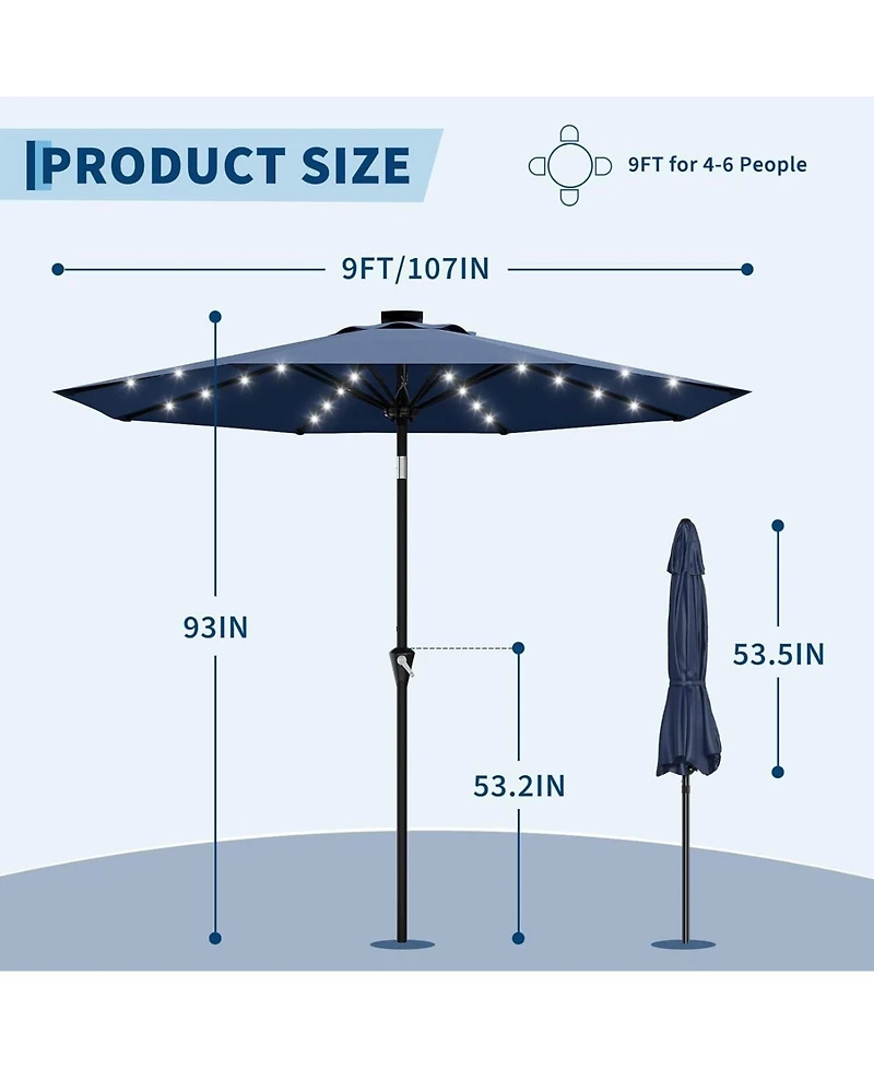 gaomon 9 Feet Outdoor Table Solar Patio Umbrella With 32 Led Lights, Uv Protection For Pool, Deck