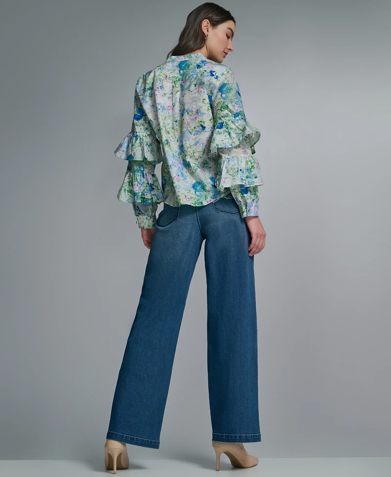 Karl Lagerfeld Paris Women's Long-Sleeve Collared Printed Shirt
