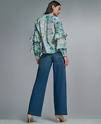 Karl Lagerfeld Paris Women's Long-Sleeve Collared Printed Shirt
