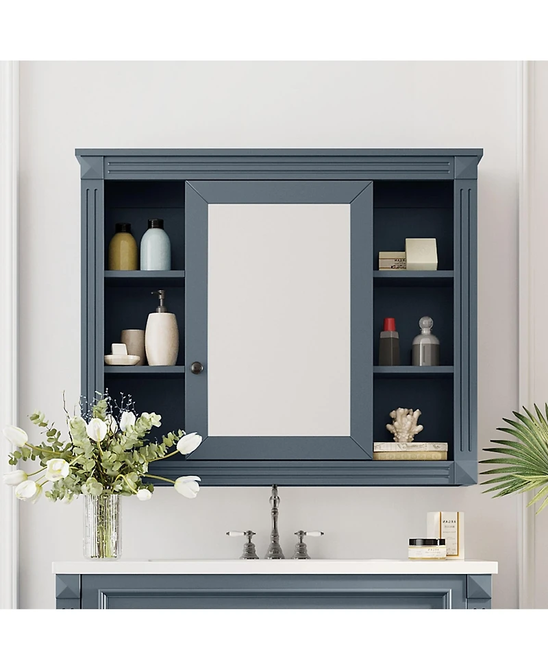 Phying Modern Wall Mounted Bathroom Storage Cabinet Mirror Medicine Cabinet with Mirror Door and 6 Open Shelves Space Saving Bathroom Wall Organizer