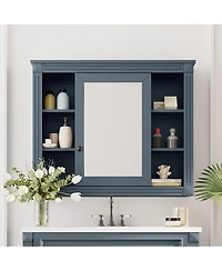 Phying Modern Wall Mounted Bathroom Storage Cabinet Mirror Medicine Cabinet with Mirror Door and 6 Open Shelves Space Saving Bathroom Wall Organizer