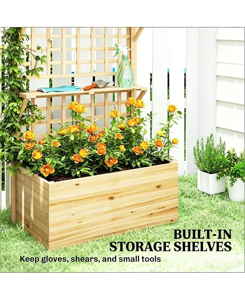 Asagikoiai Outdoor Wooden Planter Box with Trellis and Storage Shelves for Patio