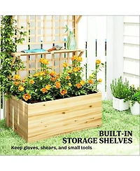 Asagikoiai Outdoor Wooden Planter Box with Trellis and Storage Shelves for Patio