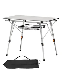 Yiortwo Folding Portable Camping Table, Aluminum Roll Up Picnic Table with Mesh Shelf