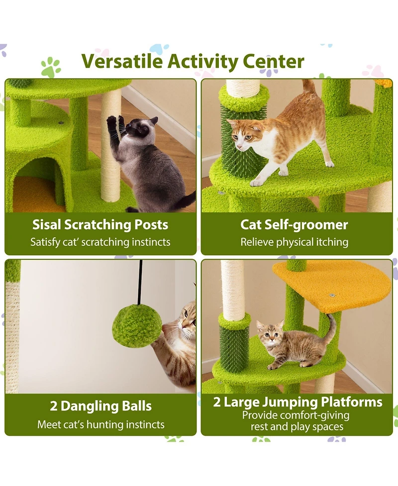 Gymax Cute Cat Tree for Adult Cats with Condo Padded Perch Pompoms