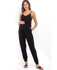 Hello Miz Maternity Sleeveless with Tie Waist and Adjustable Straps Jogger Jumpsuit