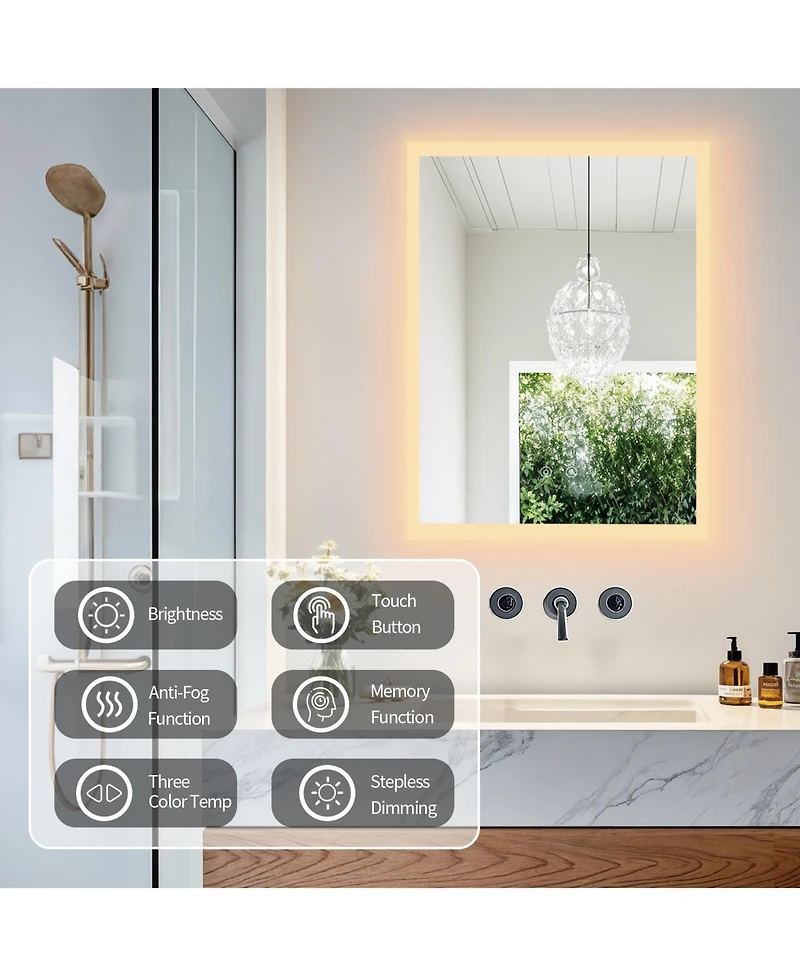 Luvodi 24" x 32" Rectangular Wall Mirror Anti-Fog Led Mirror Stepless Dimmable Lighted Bathroom Mirror