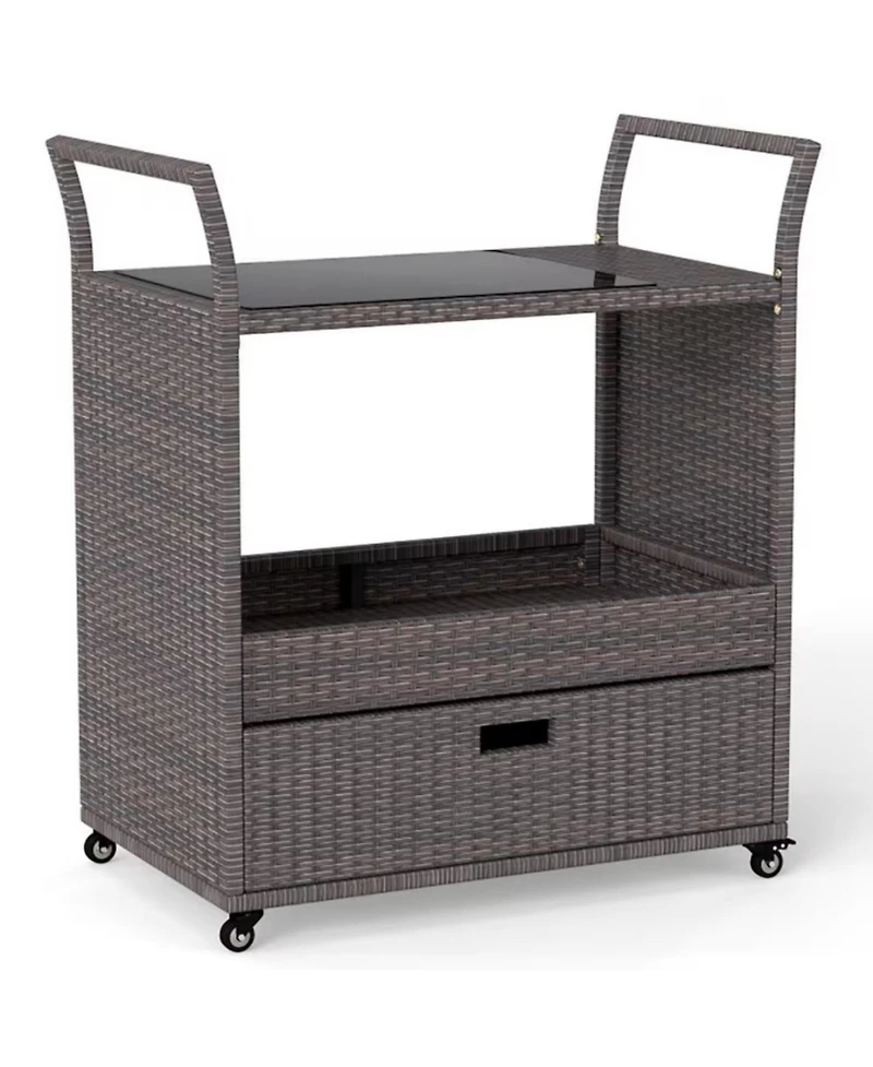 Yiortwo Outdoor Wicker Bar Cart with Tempered Glass Top Rolling Patio Serving Cart with Storage Drawer