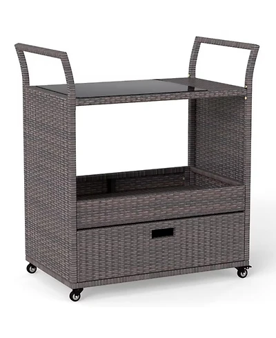 Yiortwo Outdoor Wicker Bar Cart with Tempered Glass Top Rolling Patio Serving Cart with Storage Drawer