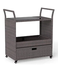 Yiortwo Outdoor Wicker Bar Cart with Tempered Glass Top Rolling Patio Serving Cart with Storage Drawer