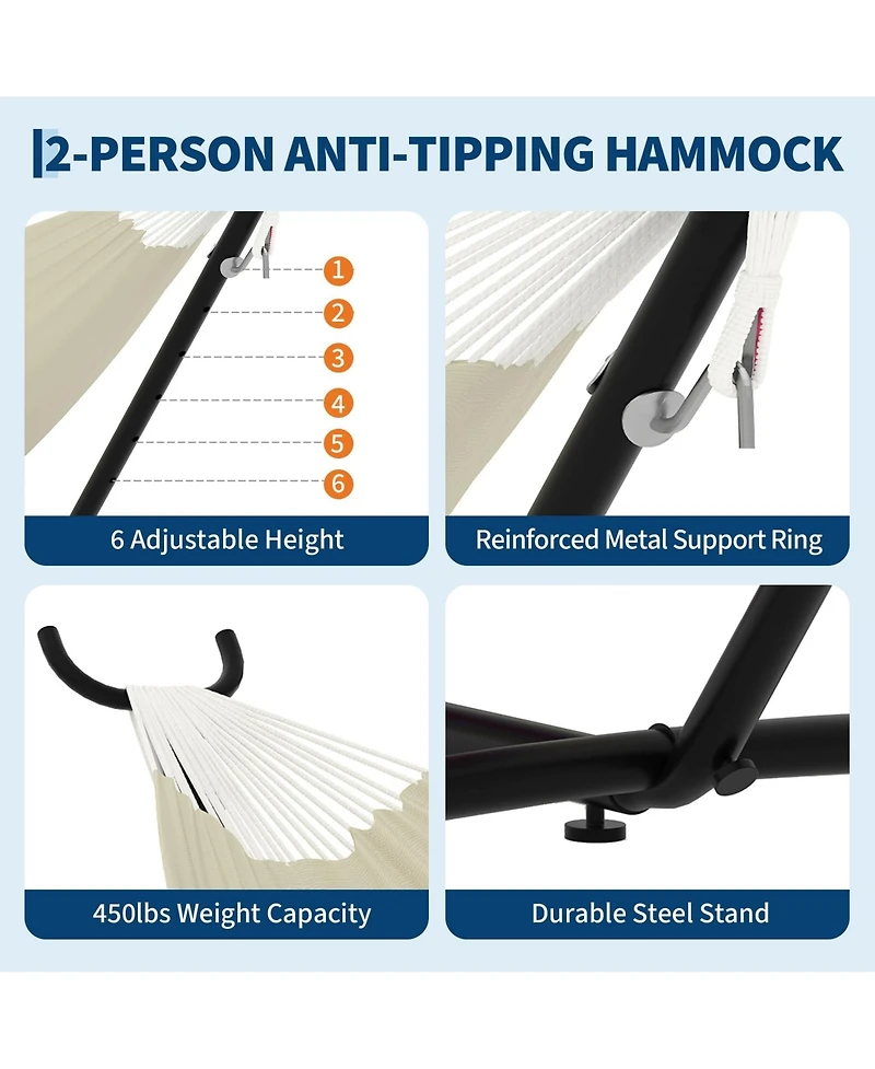 GarveeLife Heavy Duty Double Hammock with Steel Stand - 2 Person Outdoor Hammock, Portable, Space-Saving, 450 lbs Capacity, Carry Bag