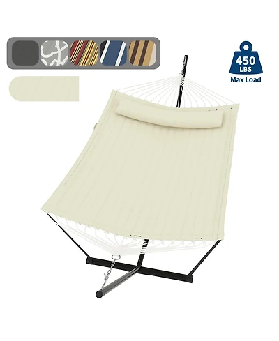 GarveeLife 2-person hammock with stand, pillow, and balance rope, supporting up to 450 lbs-ideal for relaxing outdoor patios or backyards.