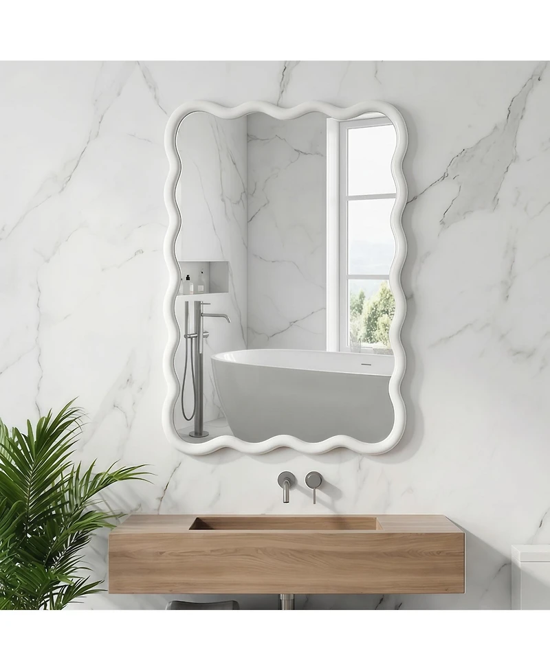 Phying Wavy Rectangle Decorative Wall Mirror Solid Wood Framed Hanging Mirror for Home Bedroom Bathroom Entryway Living Room